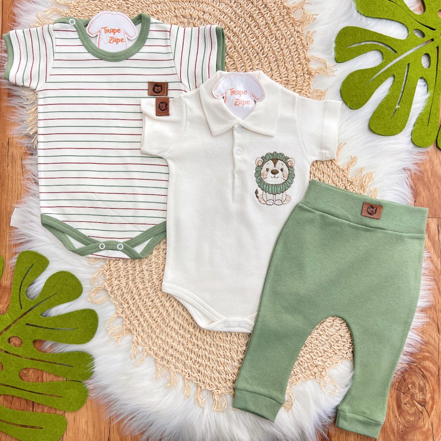 Conj. de Malha 3 peças - Leão com Jubinha - Verde e Off White